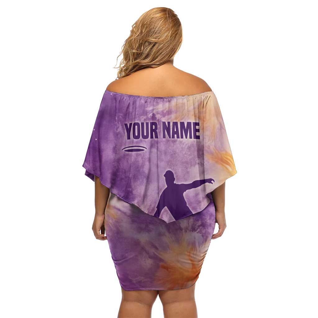 Custom Disc Golf Off Shoulder Short Dress with Purple Sunset Tie Dye Basket and Player Silhouette - Wonder Print Shop