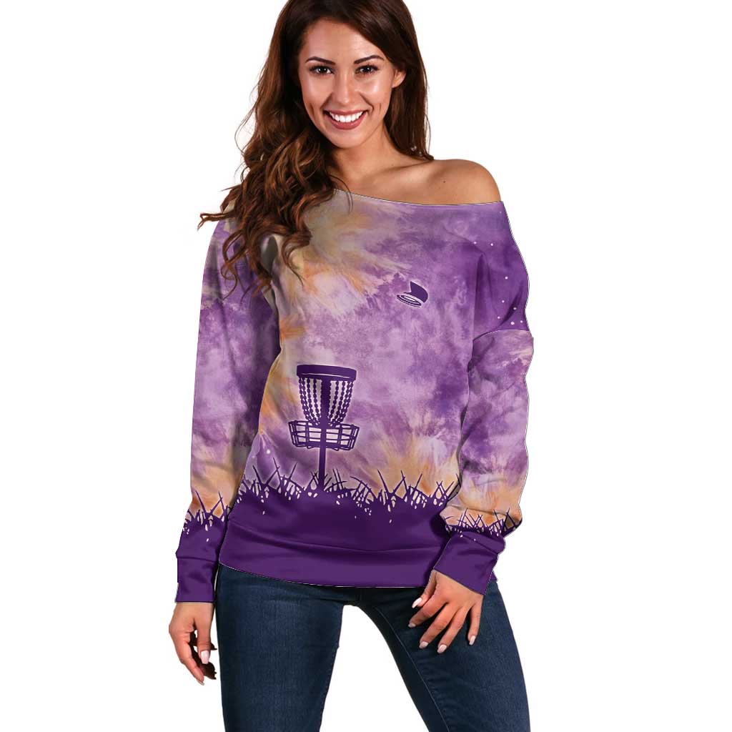 Custom Disc Golf Off Shoulder Sweater with Purple Sunset Tie Dye Basket and Player Silhouette - Wonder Print Shop