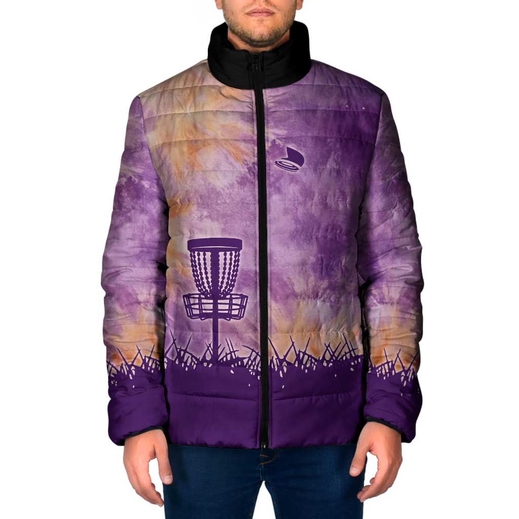 Custom Disc Golf Padded Jacket with Purple Sunset Tie Dye Basket and Player Silhouette - Wonder Print Shop