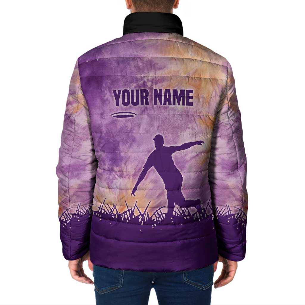 Custom Disc Golf Padded Jacket with Purple Sunset Tie Dye Basket and Player Silhouette - Wonder Print Shop