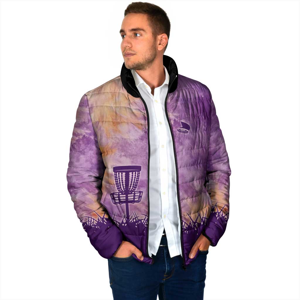Custom Disc Golf Padded Jacket with Purple Sunset Tie Dye Basket and Player Silhouette - Wonder Print Shop