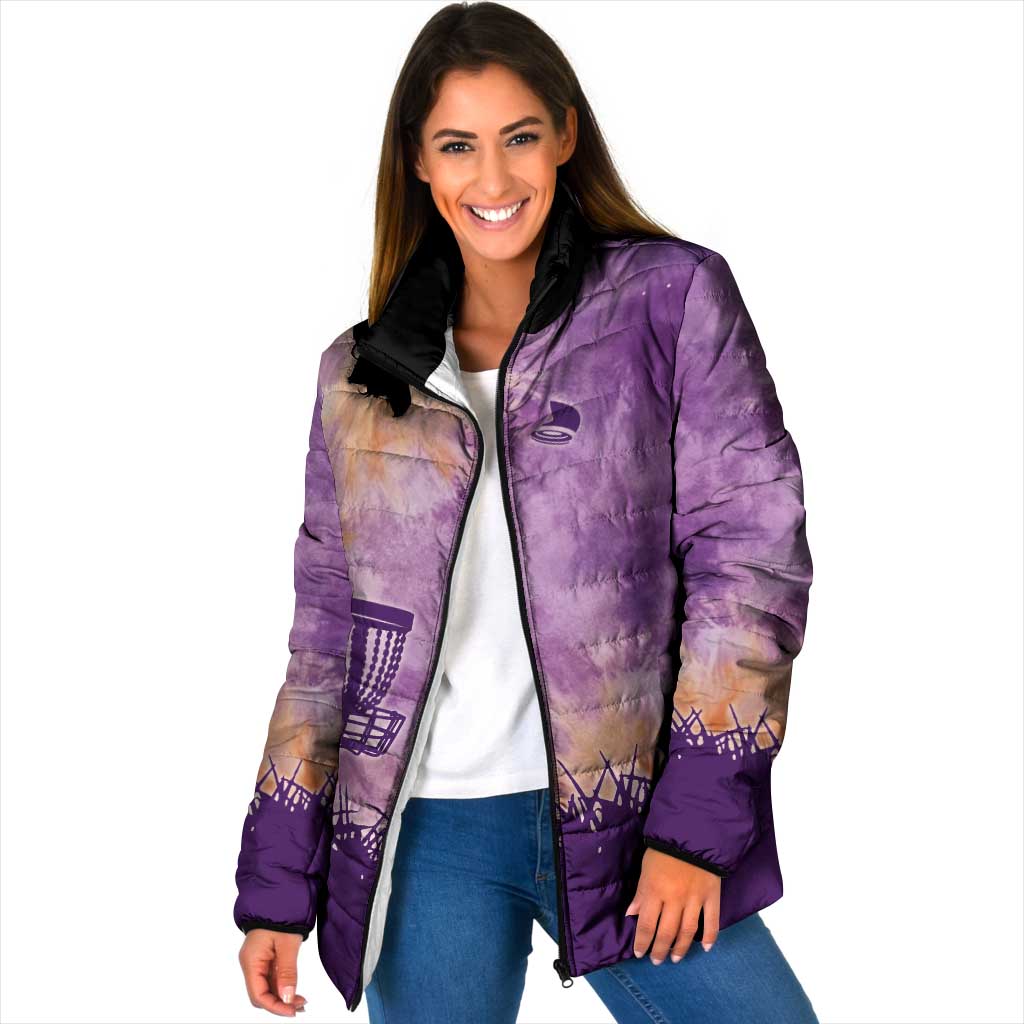 Custom Disc Golf Padded Jacket with Purple Sunset Tie Dye Basket and Player Silhouette - Wonder Print Shop