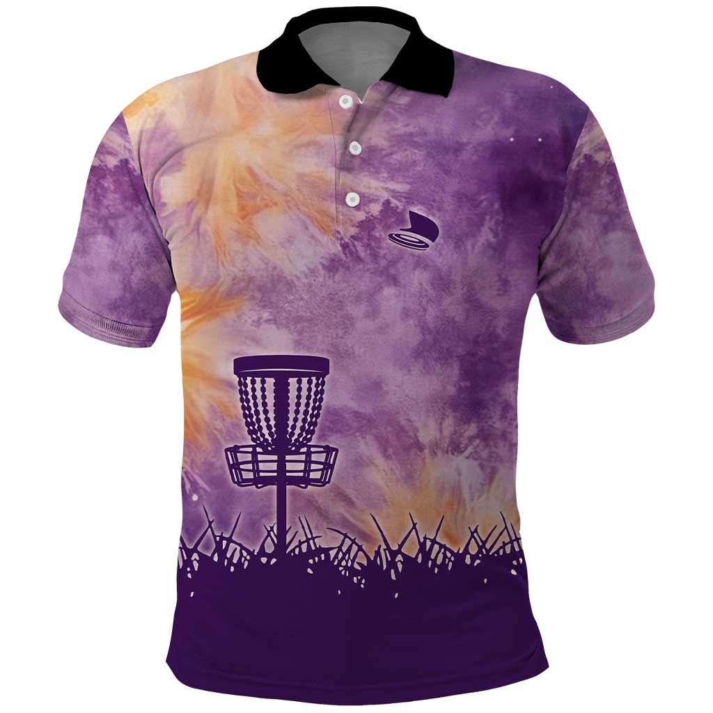 Custom Disc Golf Polo Shirt with Purple Sunset Tie Dye Basket and Player Silhouette - Wonder Print Shop