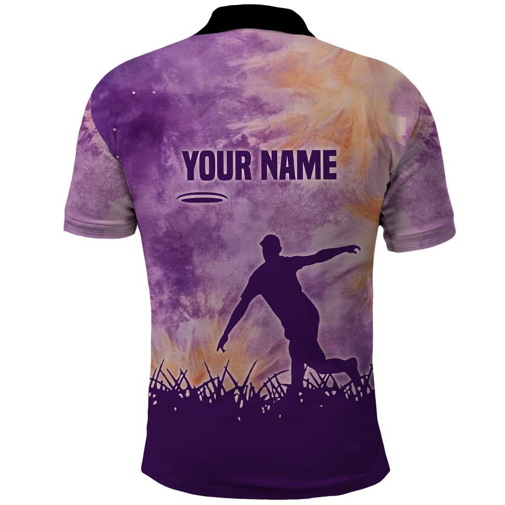 Custom Disc Golf Polo Shirt with Purple Sunset Tie Dye Basket and Player Silhouette - Wonder Print Shop