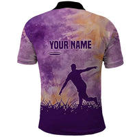 Custom Disc Golf Polo Shirt with Purple Sunset Tie Dye Basket and Player Silhouette - Wonder Print Shop