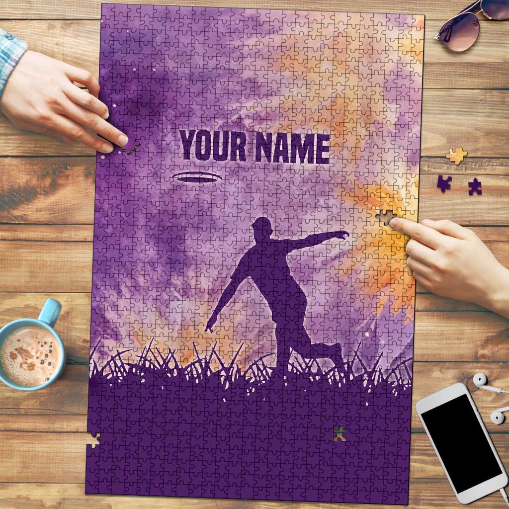 Custom Disc Golf Puzzle with Purple Sunset Tie Dye Basket and Player Silhouette - Wonder Print Shop