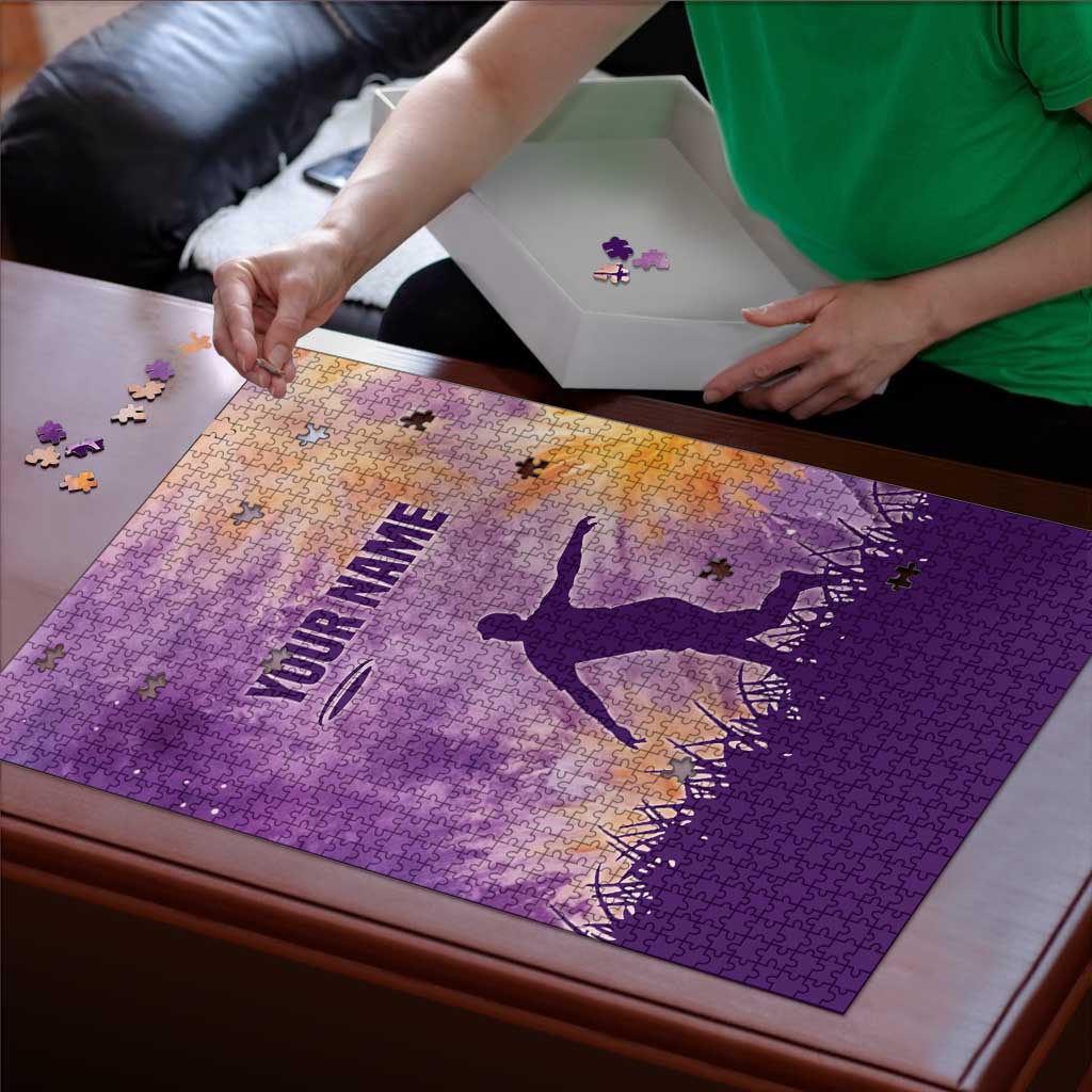 Custom Disc Golf Puzzle with Purple Sunset Tie Dye Basket and Player Silhouette - Wonder Print Shop