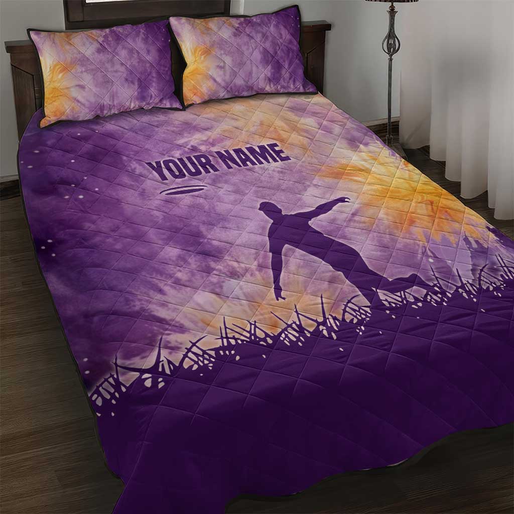 Custom Disc Golf Quilt Bed Set with Purple Sunset Tie Dye Basket and Player Silhouette - Wonder Print Shop
