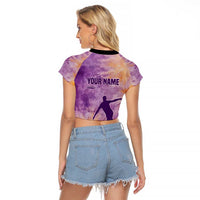 Custom Disc Golf Raglan Cropped T Shirt with Purple Sunset Tie Dye Basket and Player Silhouette - Wonder Print Shop