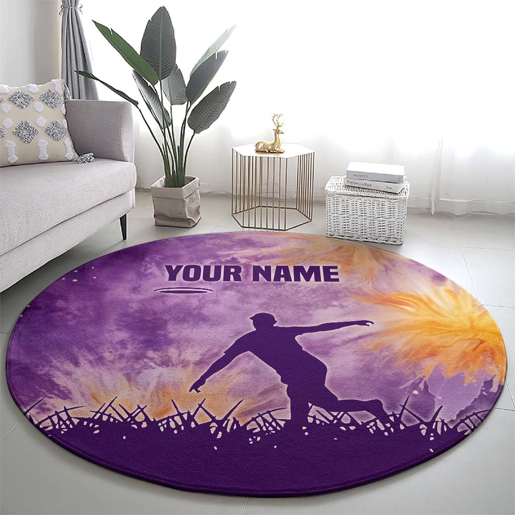 Custom Disc Golf Round Carpet with Purple Sunset Tie Dye Basket and Player Silhouette - Wonder Print Shop