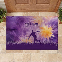 Custom Disc Golf Rubber Doormat with Purple Sunset Tie Dye Basket and Player Silhouette - Wonder Print Shop