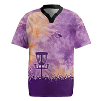 Custom Disc Golf Rugby Jersey with Purple Sunset Tie Dye Basket and Player Silhouette - Wonder Print Shop