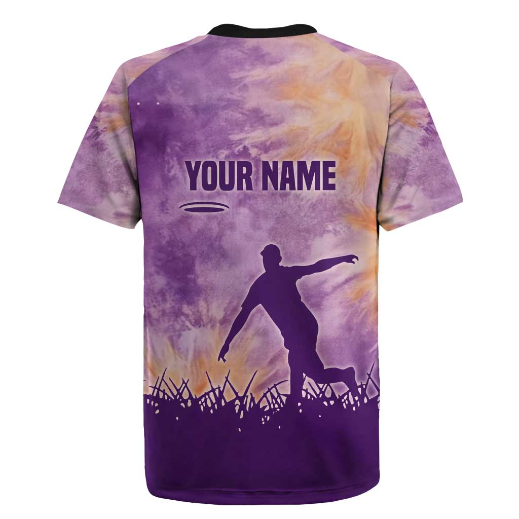 Custom Disc Golf Rugby Jersey with Purple Sunset Tie Dye Basket and Player Silhouette - Wonder Print Shop