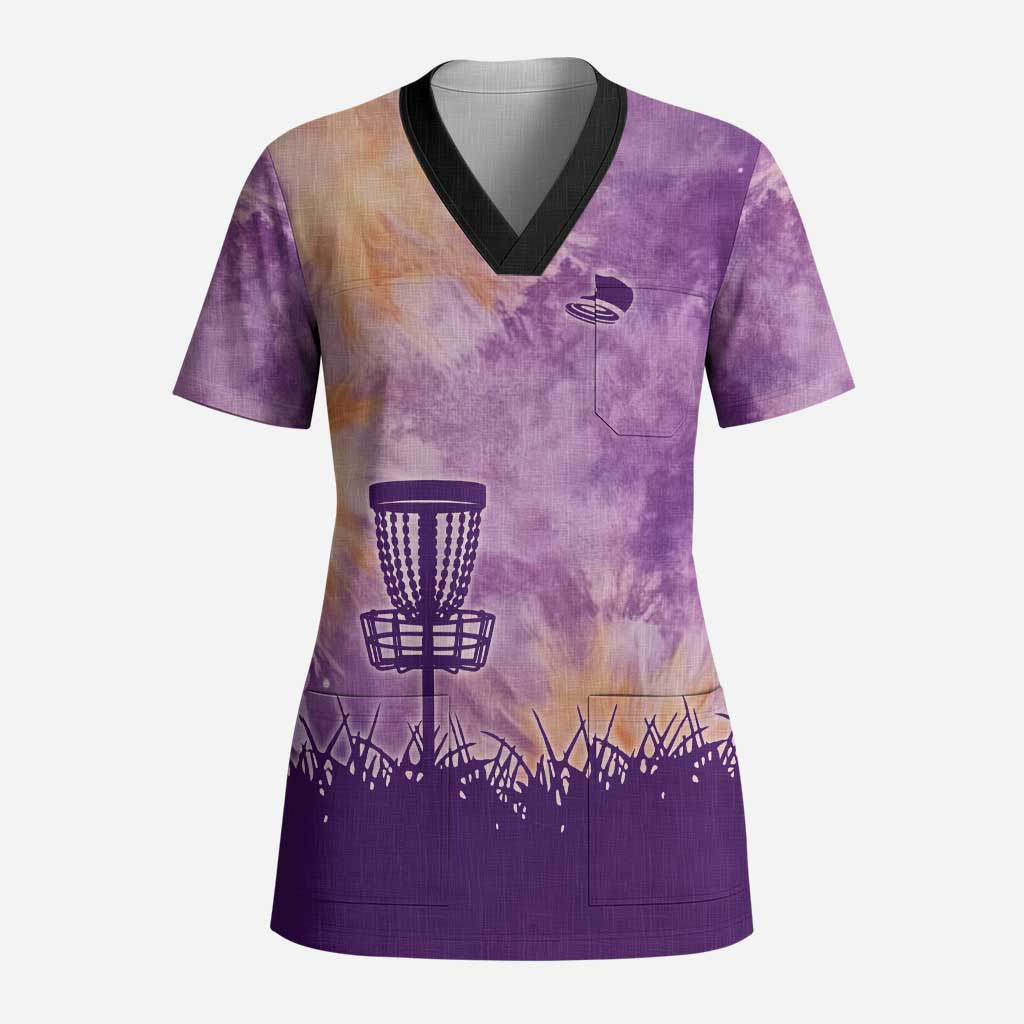 Custom Disc Golf Scrub Top with Purple Sunset Tie Dye Basket and Player Silhouette - Wonder Print Shop