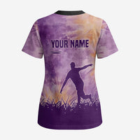 Custom Disc Golf Scrub Top with Purple Sunset Tie Dye Basket and Player Silhouette - Wonder Print Shop