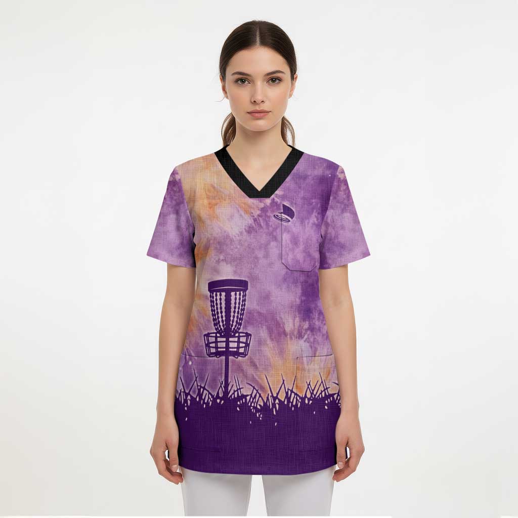 Custom Disc Golf Scrub Top with Purple Sunset Tie Dye Basket and Player Silhouette - Wonder Print Shop