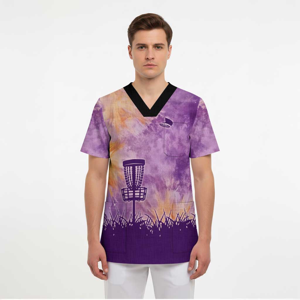 Custom Disc Golf Scrub Top with Purple Sunset Tie Dye Basket and Player Silhouette - Wonder Print Shop