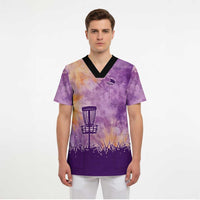 Custom Disc Golf Scrub Top with Purple Sunset Tie Dye Basket and Player Silhouette - Wonder Print Shop