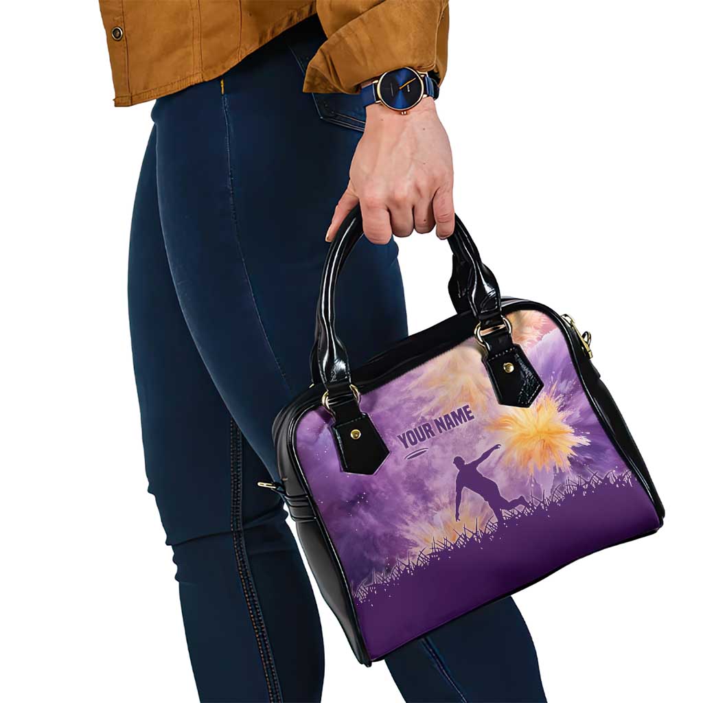 Custom Disc Golf Shoulder Handbag with Purple Sunset Tie Dye Basket and Player Silhouette - Wonder Print Shop