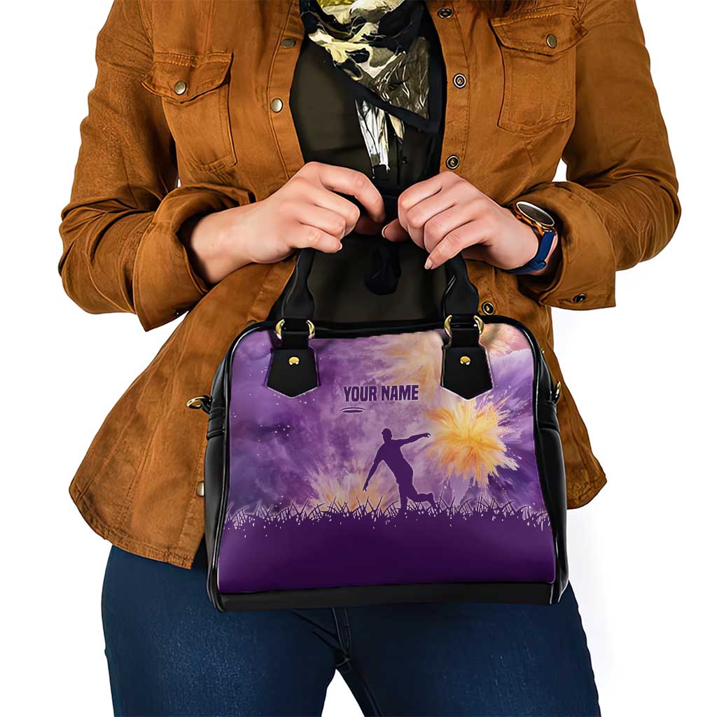 Custom Disc Golf Shoulder Handbag with Purple Sunset Tie Dye Basket and Player Silhouette - Wonder Print Shop