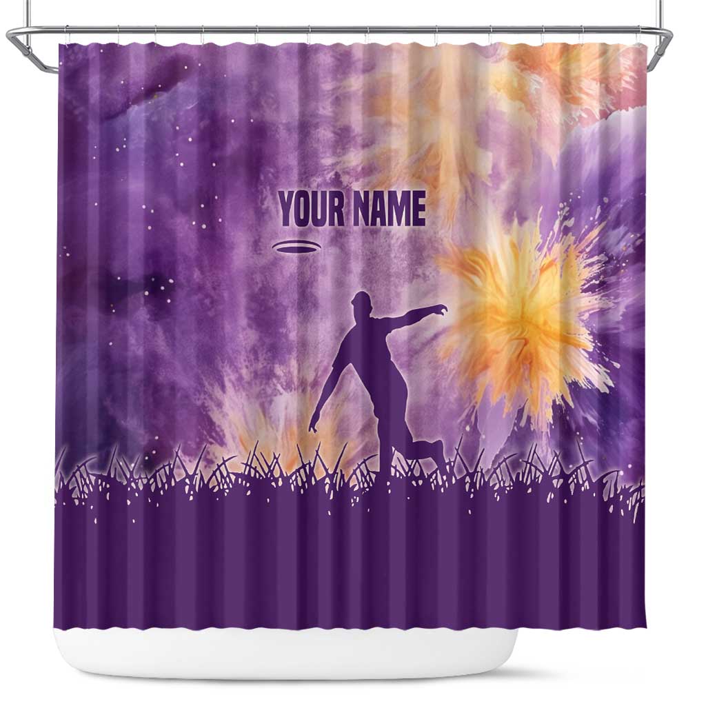 Custom Disc Golf Shower Curtain with Purple Sunset Tie Dye Basket and Player Silhouette - Wonder Print Shop