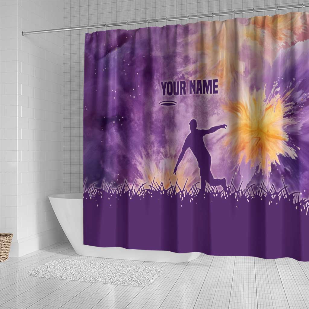 Custom Disc Golf Shower Curtain with Purple Sunset Tie Dye Basket and Player Silhouette - Wonder Print Shop