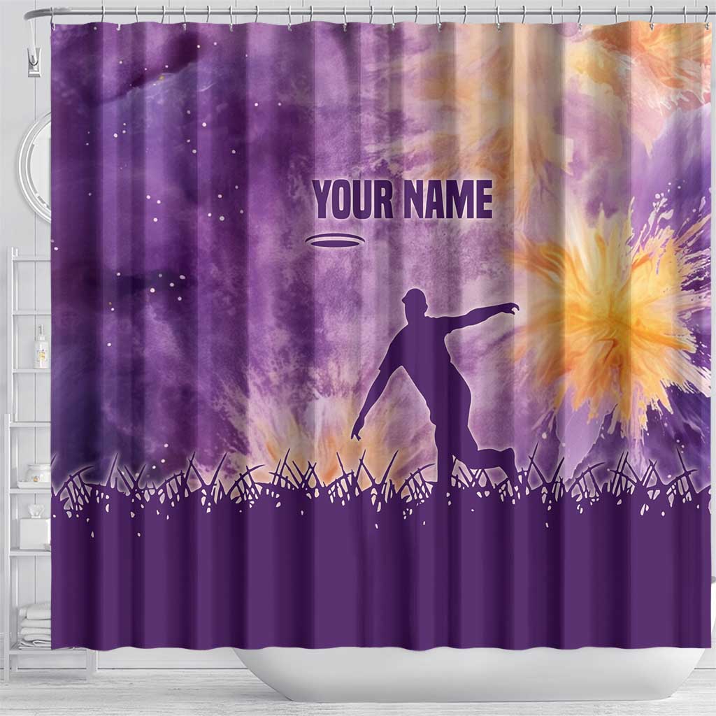 Custom Disc Golf Shower Curtain with Purple Sunset Tie Dye Basket and Player Silhouette - Wonder Print Shop