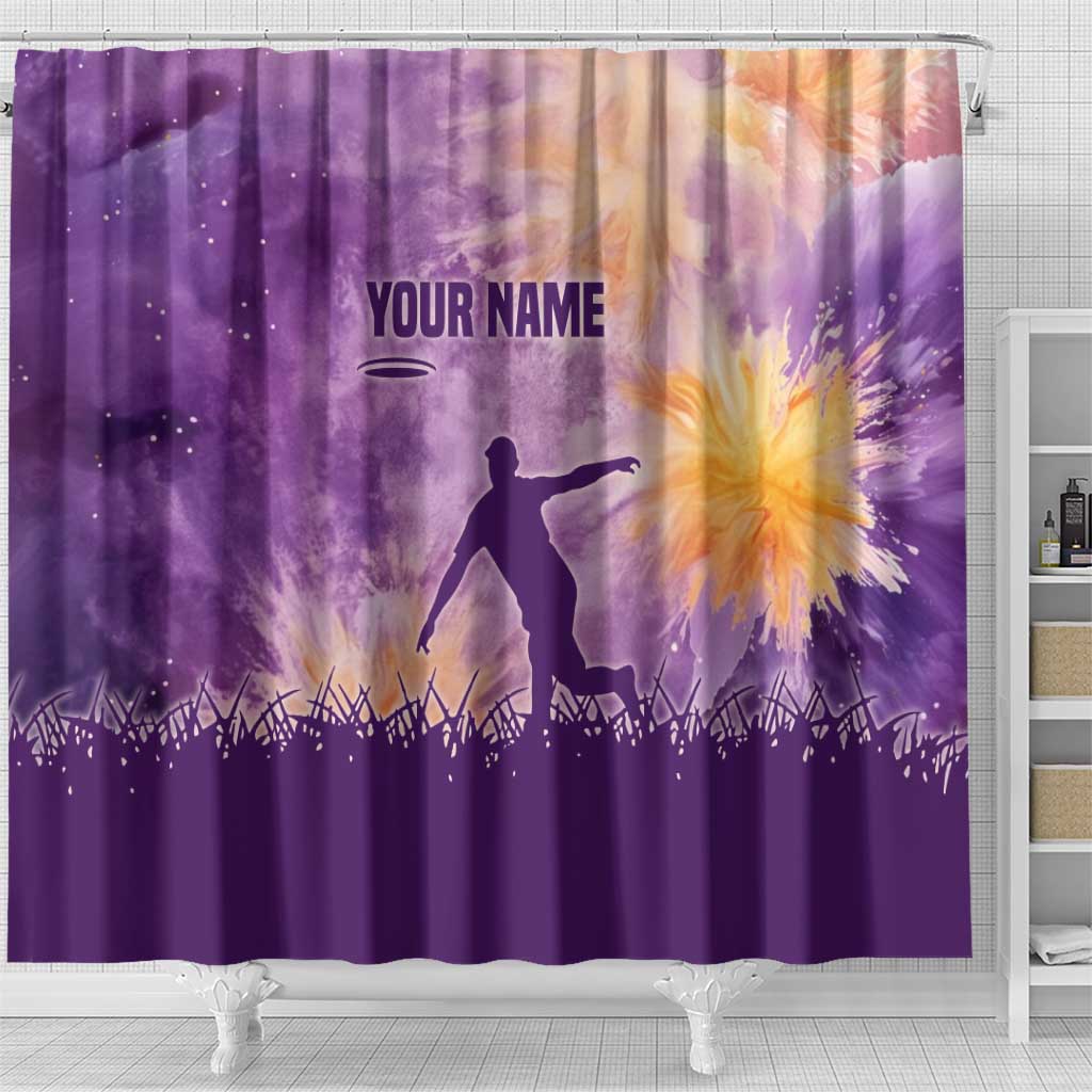 Custom Disc Golf Shower Curtain with Purple Sunset Tie Dye Basket and Player Silhouette - Wonder Print Shop