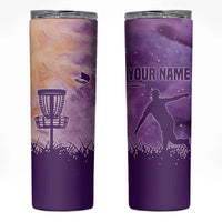 Custom Disc Golf Skinny Tumbler with Purple Sunset Tie Dye Basket and Player Silhouette - Wonder Print Shop