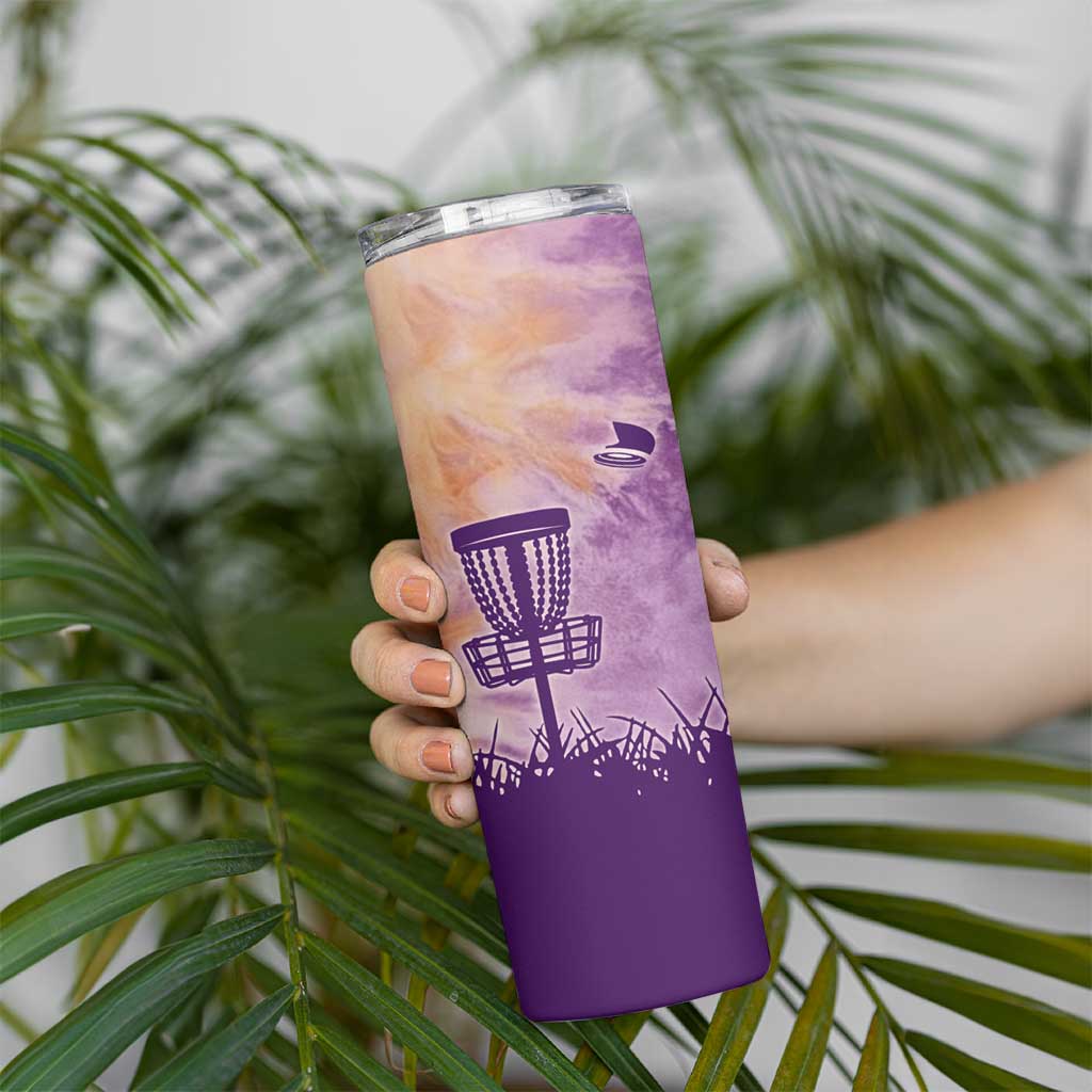 Custom Disc Golf Skinny Tumbler with Purple Sunset Tie Dye Basket and Player Silhouette - Wonder Print Shop