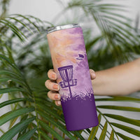 Custom Disc Golf Skinny Tumbler with Purple Sunset Tie Dye Basket and Player Silhouette - Wonder Print Shop