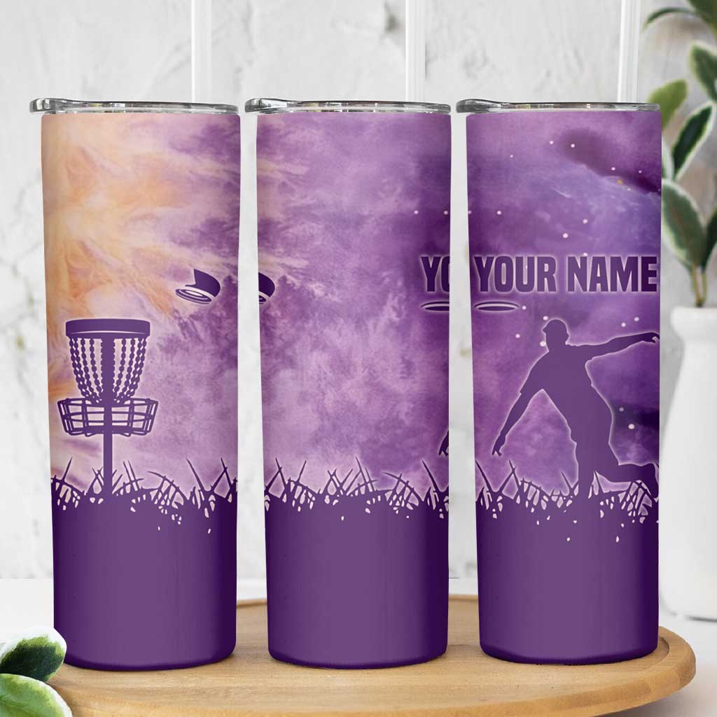 Custom Disc Golf Skinny Tumbler with Purple Sunset Tie Dye Basket and Player Silhouette - Wonder Print Shop