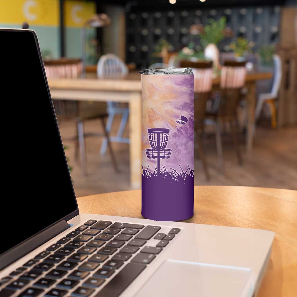 Custom Disc Golf Skinny Tumbler with Purple Sunset Tie Dye Basket and Player Silhouette - Wonder Print Shop