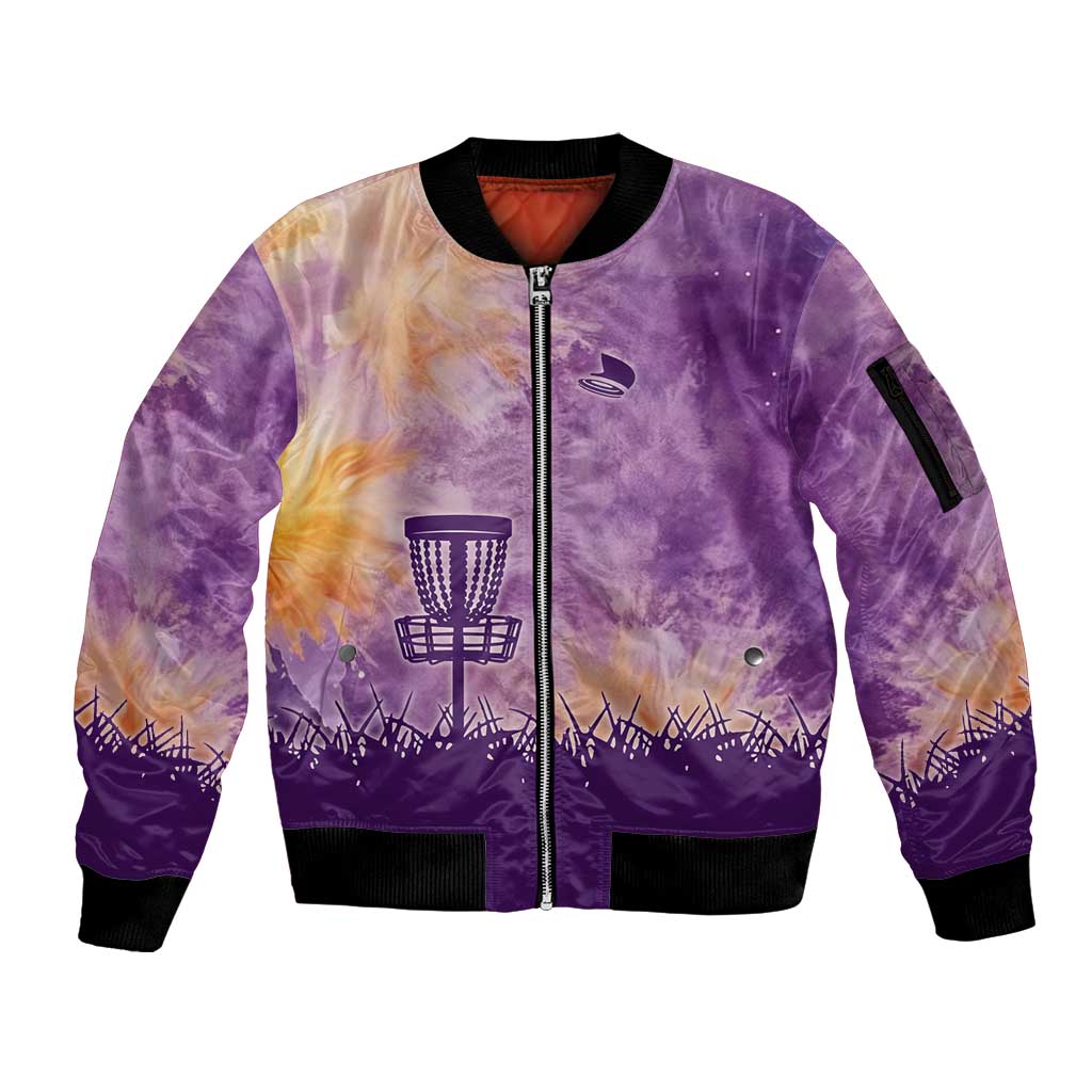 Custom Disc Golf Sleeve Zip Bomber Jacket with Purple Sunset Tie Dye Basket and Player Silhouette - Wonder Print Shop