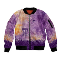 Custom Disc Golf Sleeve Zip Bomber Jacket with Purple Sunset Tie Dye Basket and Player Silhouette - Wonder Print Shop