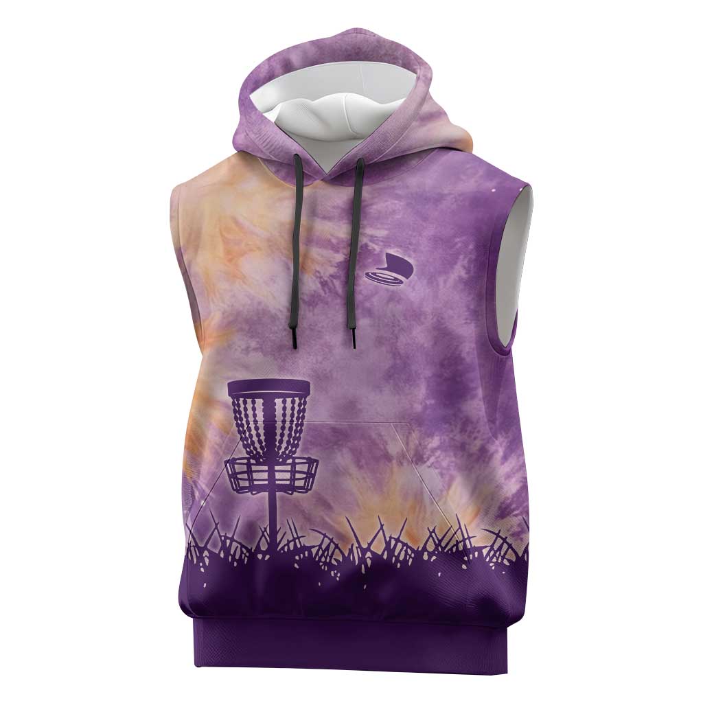 Custom Disc Golf Sleeveless Hoodie with Purple Sunset Tie Dye Basket and Player Silhouette - Wonder Print Shop