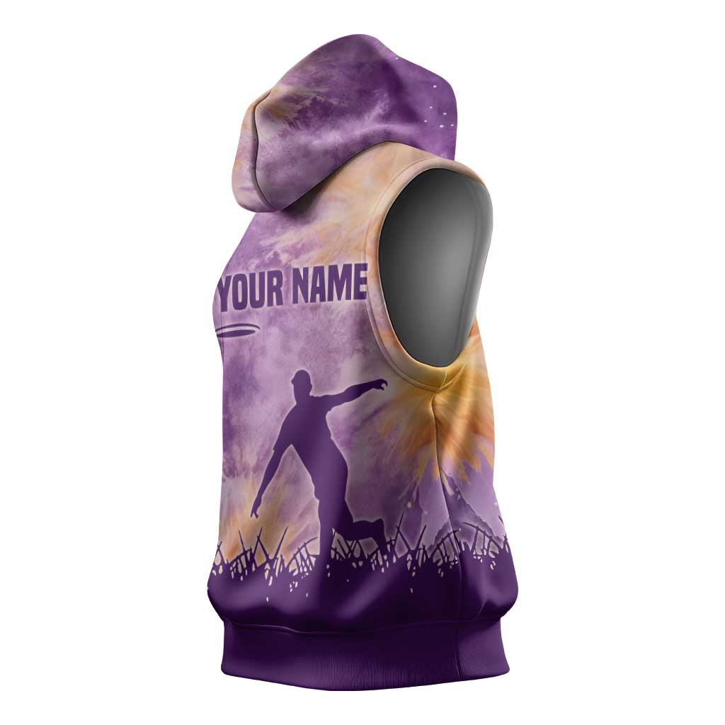 Custom Disc Golf Sleeveless Hoodie with Purple Sunset Tie Dye Basket and Player Silhouette - Wonder Print Shop