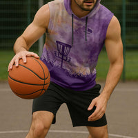 Custom Disc Golf Sleeveless Hoodie with Purple Sunset Tie Dye Basket and Player Silhouette - Wonder Print Shop