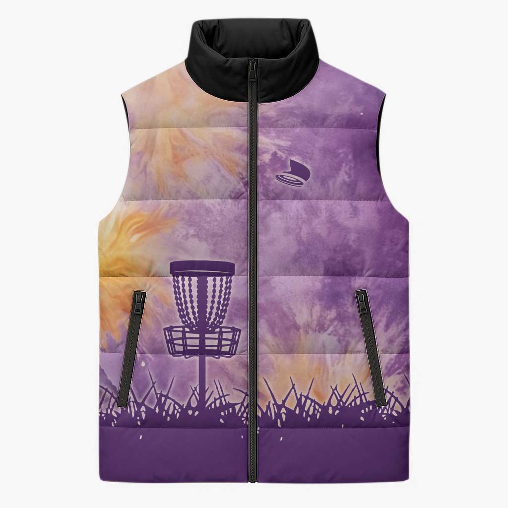 Custom Disc Golf Sleeveless Puffer Jacket with Purple Sunset Tie Dye Basket and Player Silhouette - Wonder Print Shop