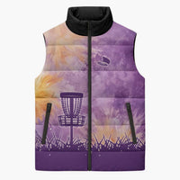 Custom Disc Golf Sleeveless Puffer Jacket with Purple Sunset Tie Dye Basket and Player Silhouette - Wonder Print Shop