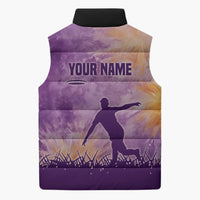 Custom Disc Golf Sleeveless Puffer Jacket with Purple Sunset Tie Dye Basket and Player Silhouette - Wonder Print Shop