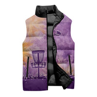 Custom Disc Golf Sleeveless Puffer Jacket with Purple Sunset Tie Dye Basket and Player Silhouette - Wonder Print Shop