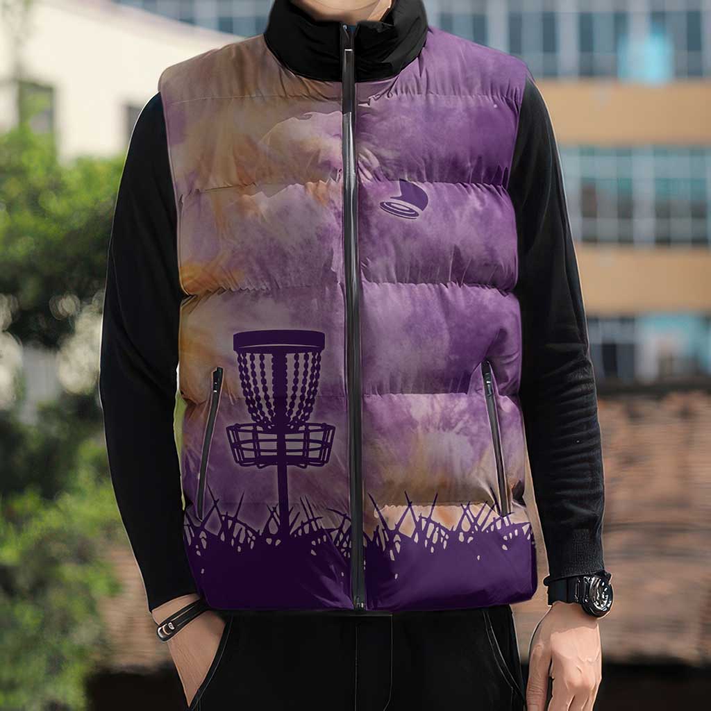 Custom Disc Golf Sleeveless Puffer Jacket with Purple Sunset Tie Dye Basket and Player Silhouette - Wonder Print Shop