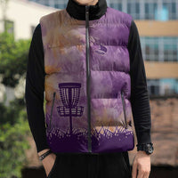 Custom Disc Golf Sleeveless Puffer Jacket with Purple Sunset Tie Dye Basket and Player Silhouette - Wonder Print Shop