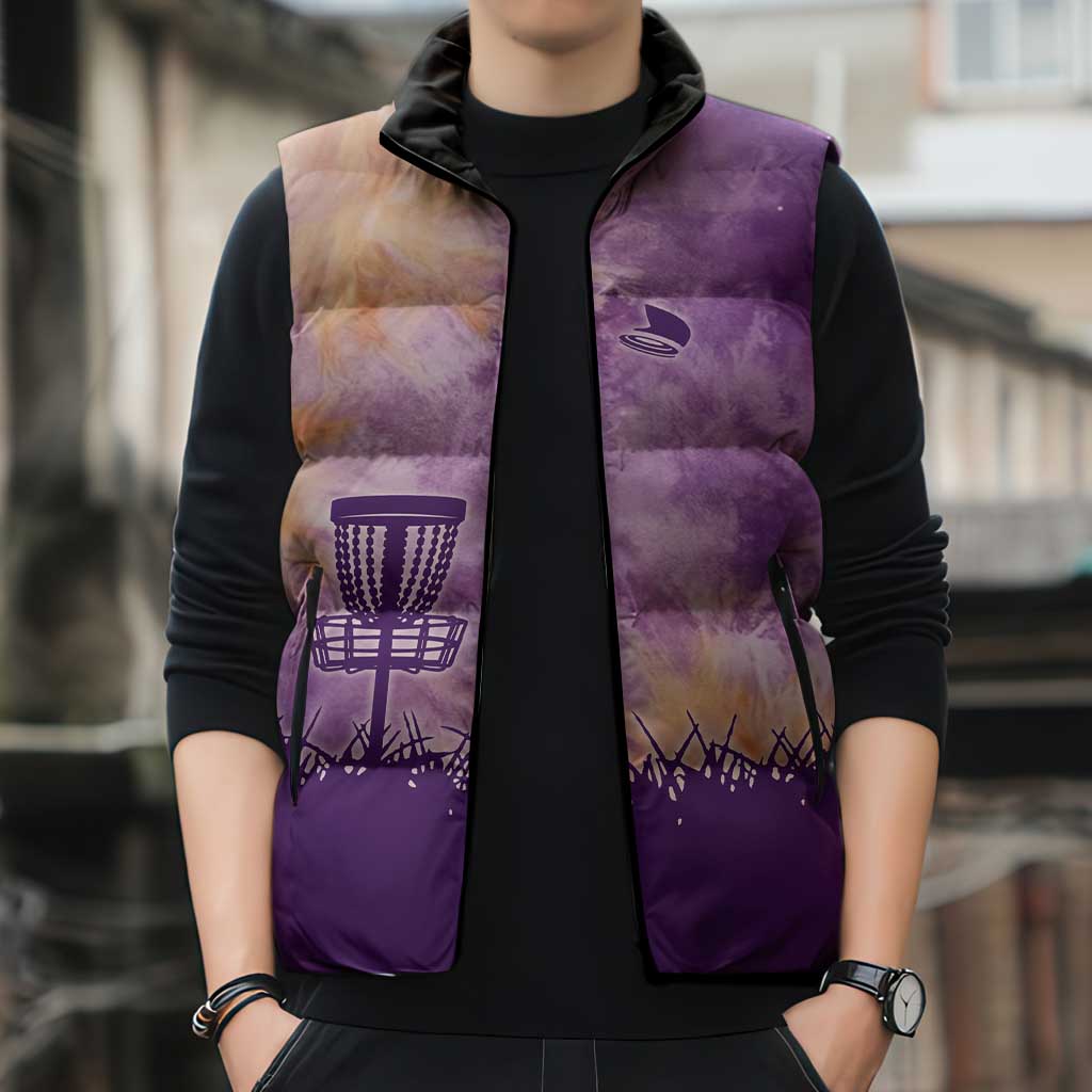 Custom Disc Golf Sleeveless Puffer Jacket with Purple Sunset Tie Dye Basket and Player Silhouette - Wonder Print Shop