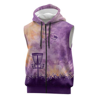 Custom Disc Golf Sleeveless Zip Hoodie with Purple Sunset Tie Dye Basket and Player Silhouette - Wonder Print Shop