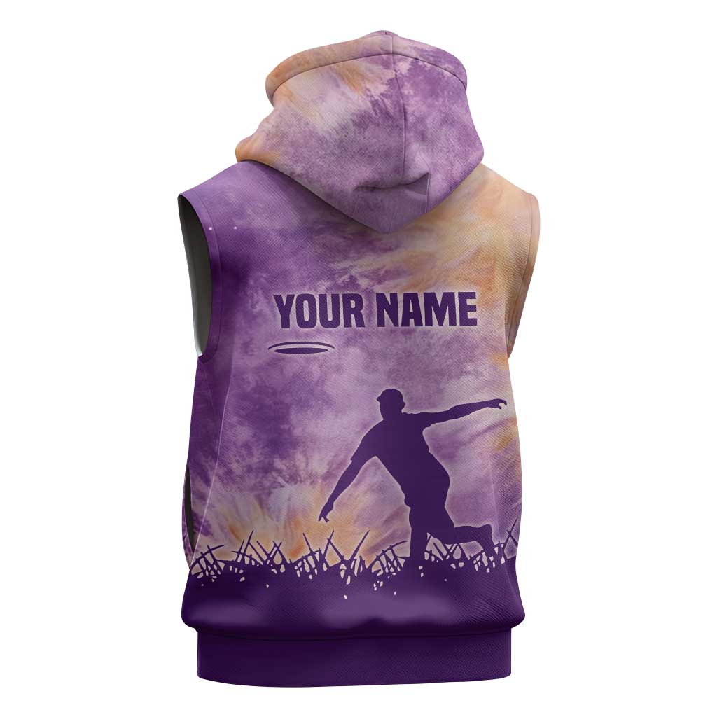 Custom Disc Golf Sleeveless Zip Hoodie with Purple Sunset Tie Dye Basket and Player Silhouette - Wonder Print Shop