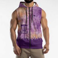 Custom Disc Golf Sleeveless Zip Hoodie with Purple Sunset Tie Dye Basket and Player Silhouette - Wonder Print Shop