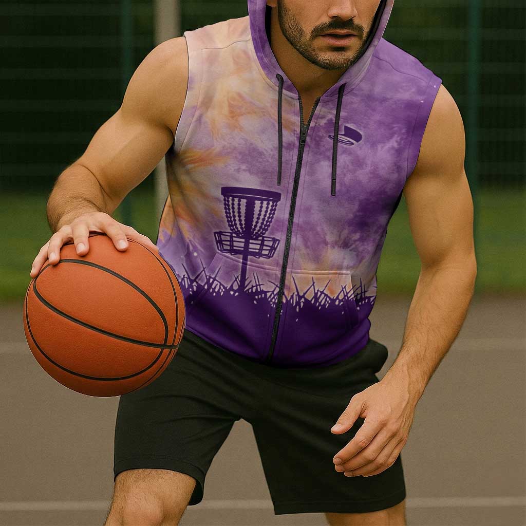 Custom Disc Golf Sleeveless Zip Hoodie with Purple Sunset Tie Dye Basket and Player Silhouette - Wonder Print Shop