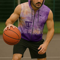 Custom Disc Golf Sleeveless Zip Hoodie with Purple Sunset Tie Dye Basket and Player Silhouette - Wonder Print Shop